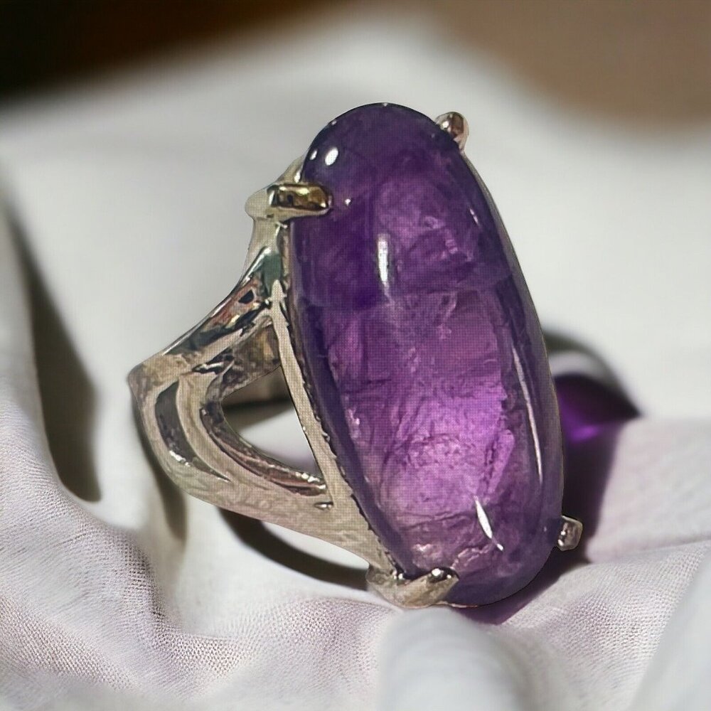 Huge 1.2" Amethyst Ring Size 8.5 Oval Stone Silver Prong Set Statement Unmarked